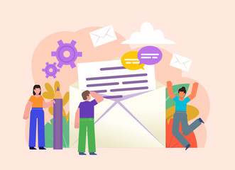 Send or receive message. People stand near big letter, mail. Contact us concept. Poster for social media, web page, banner, presentation. Flat design vector illustration