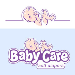Baby care design template. Logotype with cute little baby in diaper.