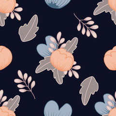 Blue and cream flowers on a dark background, in a seamless pattern design