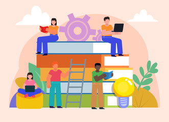 Online courses, distance or self education concept. Group of students stand near big stack of books. Flat design vector illustration. Poster for social media, web page, banner, presentation