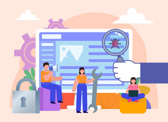 PC, online website protection from hacker attacks, security. Group of people stand near big screen. Flat design vector illustration. Poster for social media, web page, banner, presentation