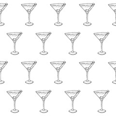 Martini Dry Cocktail in a glass decorated with an olive on a stick. Seamless pattern of cocktails. Monochrome sketch, hand drawing. Outline, doodle. Vector illustration. EPS10