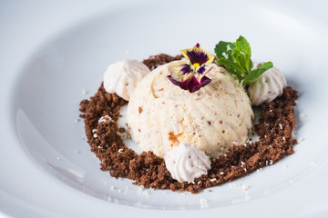 Vanilla ice cream, decorated with chocolate flakes, mint and flower on white plate