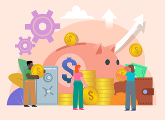 Financial success, income, savings growth metaphor. Group of people stand near big piggy bank. Flat design vector illustration. Poster for social media, web page, banner, presentation