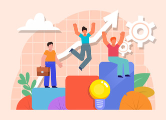Career, business growth, steps to success metaphor. Group of people stand on growth chart. Flat design vector illustration. Poster for social media, web page, banner, presentation