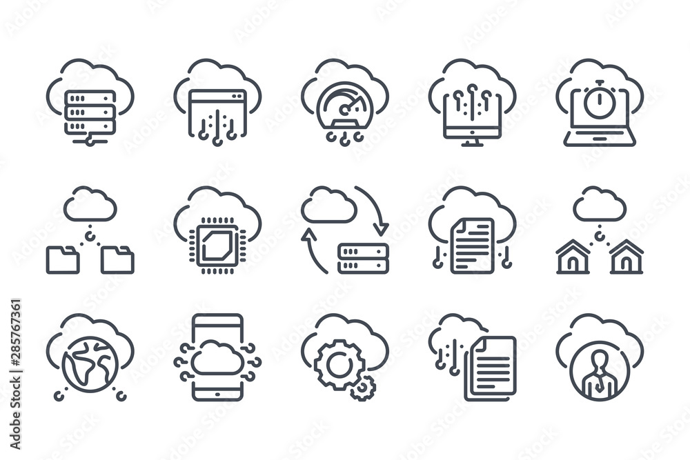 Poster cloud technology related line icon set. cloud data and server linear icons. database and web storage