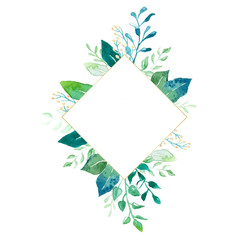 Watercolor frame with green leaves hand-drawn illustration
