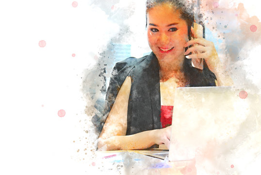 Abstract Woman talking mobile phone for work on watercolor  illustration painting background.