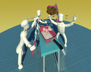 Kitchen operation theater 3D illustration 1. Cook characters disguised as  doctors preparing to operate a piglet patient in the kitchen, perspective, gradient background, cartoon. Collection.