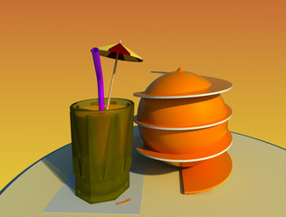 Orange juice served with orange fruit decorated with orange peel spiral 3D illustration 2. Perspective view, gradient background. Collection. 