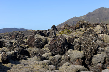 Black scenery of Lava fields, Iceland, Europe.