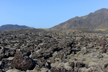 Black scenery of Lava fields, Iceland, Europe.