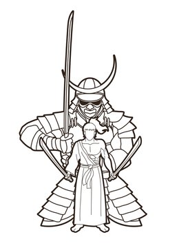 recommend clip art: Samurai warriors with swords action cartoon graphic vector.