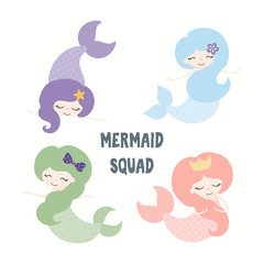 Collection of cute funny mermaids, with quote Mermaid Squad. Isolated objects on white background. Hand drawn vector illustration. Flat style design. Color drawing. Concept for summer children print.