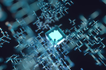 Glowing lines and cubes, technical and scientific background, 3d rendering.