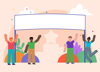 Celebration, congratulation, award ceremony banner. Group of people celebrate victory near big empty banner. Flat design vector illustration.  Poster for social media, web page, banner, presentation