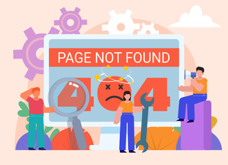Fototapeta na wymiar Page not found, 404 error banner. Group of people stand near big screen. Flat design vector illustration. Poster for social media, web page, banner, presentation