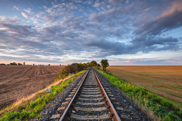 Old Railway tracks running through a field stretch to rural countryside at sunset.