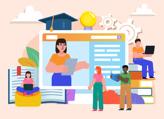 Online lessons, webinar, distance education concept. Group of people stand near big screen, watching video course. Flat design vector illustration. Poster for social media, web page, presentation