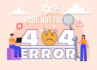 Group of people stand near big 404 error words. Page not found poster. Flat design vector illustration. Poster for social media, web page, banner, presentation