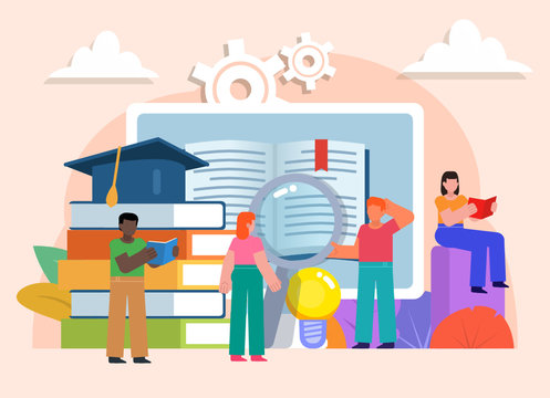 Distance education, online lessons, learning. Group of people stand near big screen, books. Flat design vector illustration. Poster for social media, web page, banner, presentation