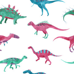 Seamless pattern with watercolor cute little Dinosaurs characters. Cartoon childish prehistoric reptile print in blue, green, pink colors. Perfect for baby kid fabric textile and wrapping paper.