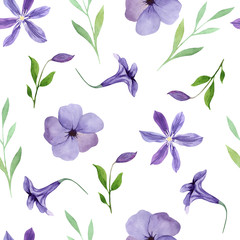 Seamless pattern with violet flowers and leaves on white background, watercolor floral pattern.