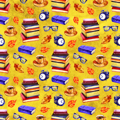 Seamless school pattern in watercolor. Books, textbooks. Design for textiles, paper, Wallpaper, packaging, banner, postcard, invitation, fabric