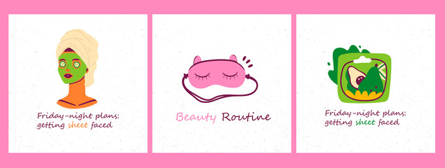 Skin care routine. Set of three hand drawn vector illustrations. Lady with cucumber slices and towel on the head, avocado moisturizing sheet mask, pink sleeping mask with closed eyes and cat ears