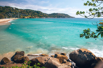 Beautiful view on sea in Thailand with stones and threes. Top view.