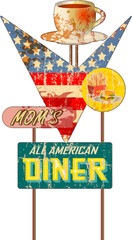 grungy vintage diner sign, retro style, vector illustration