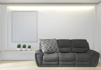 Neutral interior with black velvet armchair and frame on empty room background. 3D rendering.