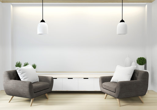 armchair in japanese living room with empty wall. 3D rendering