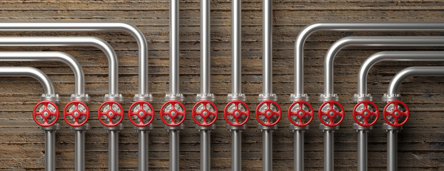 Industrial pipelines and valves system on concrete wall background. 3d illustration