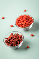 Frische und getrocknete Goji-Beeren Superfood in Glas Schale auf Mint Grün Pastell Hintergrund