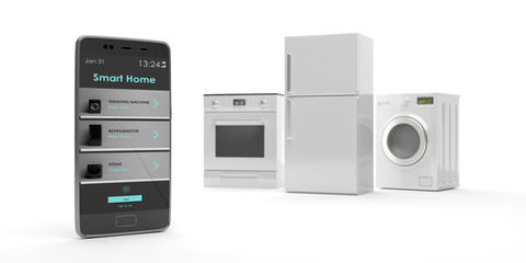 Home appliances set and smart phone on white background. 3d illustration