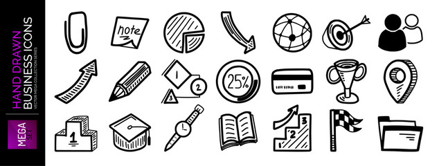 Set of hand drawn business and office, finance icons - stitcher, note, chart, target, user, arrow, growth and other icons