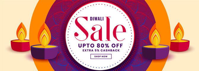 happy diwali sale banner with colorful diya decoration