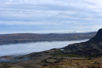 Magic foggy morning and beautiful view of lava fields, Iceland, Europe.