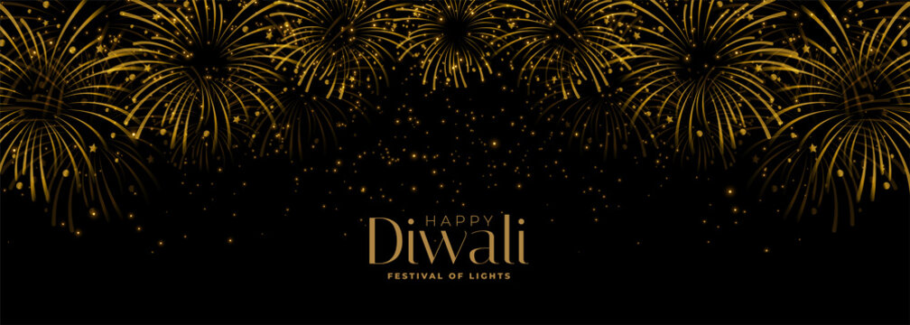 happy diwali fireworks black and gold banner