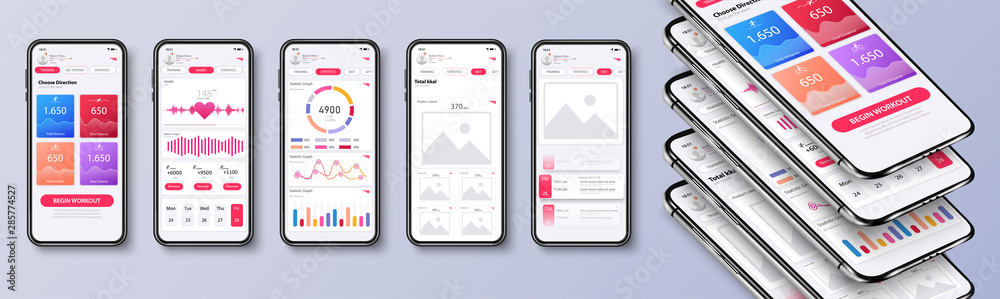 Poster different ui, ux, gui screens fitness app and flat web icons for mobile apps, responsive website inc