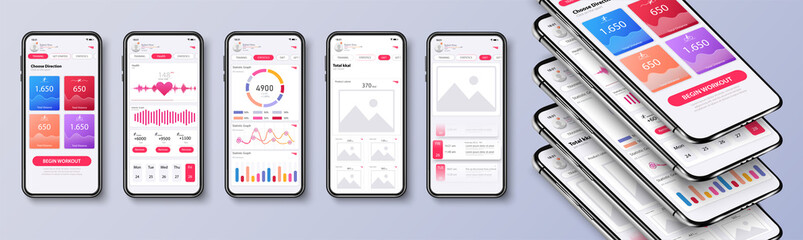 Different UI, UX, GUI screens fitness app and flat web icons for mobile apps, responsive website including. Web design and mobile template. Fitness interface design for mobile application. Vector - obrazy, fototapety, plakaty