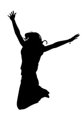 Black silhouette of  a young joyful girl on a white background who jumps up