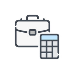 Business accounting and calculation color line icon. Suit case with calculator vector outline colorful sign.