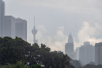 Heavy rainfall in Kuala Lumpur during monsoon season in Malaysia