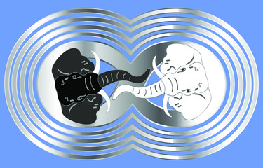 Heads of black and white elephants, metal sign of infinity