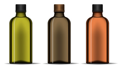 Clear dark color glass bottle with screw cap isolated on white background, realistic vector illustration. Blank template for design