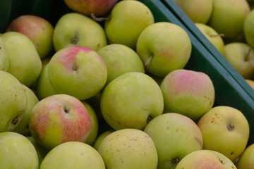 Showcase with apples in a supermarket. A lot of green apples. The choice of products. Fruit