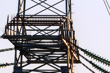 High voltage power line at sunset.
