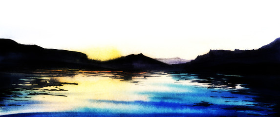 Black Silhouette of dark mountains on opposite bank of river. Bright blue wavy surface of water, the setting sun in a foggy haze. Contrast hand-drawn watercolor illustration in computer processing